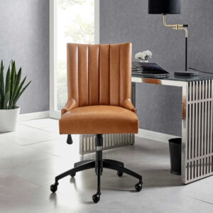 Empower black and tan executive office chair with channel tufted vegan leather upholstery, nailhead trim, adjustable height, and swivel base