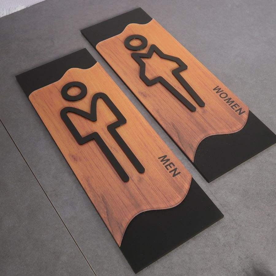 Lush Prime-Series Restroom Sign | Modern Wood Grain Acrylic | Self-Adhesive Men & Women Sign