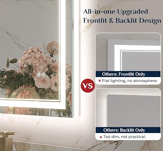 Commercial LED Vanity Mirror – Brushed Frame Hotel Bathroom LED Mirror with Anti-Fog | LG066 - Image 2