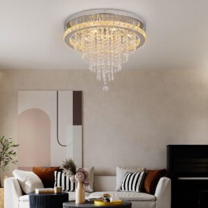 Modern crystal LED ceiling chandelier with stainless steel frame and remote control for living room lighting